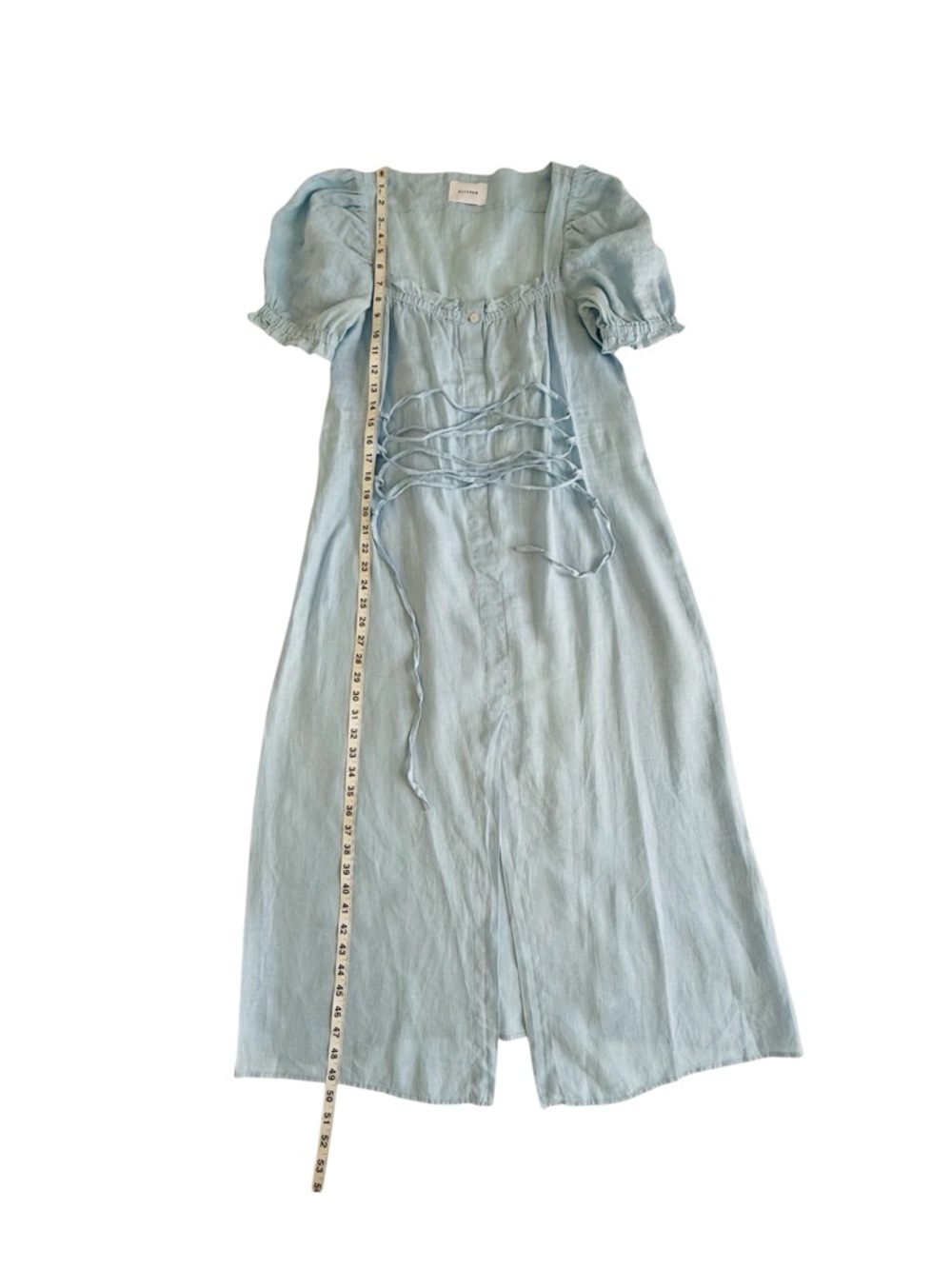 Sleeper Marquise Lace-Up Linen Midi Dress Blue Puff Sleeve Corset Cottagecore M - Picture 11 of 12